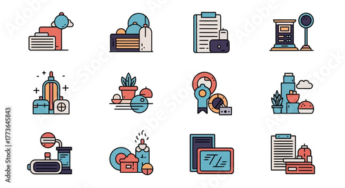 Collection abstract flat design icons representing various concepts and objects
