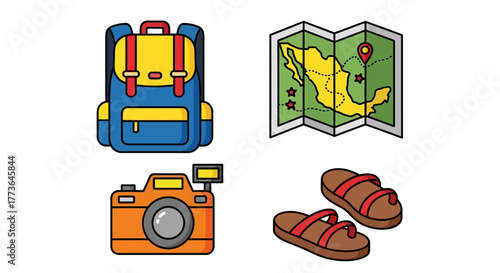 Travel essentials including backpack, map mexico, camera, and sandals