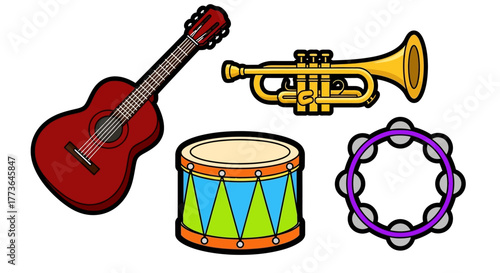 Collection musical instruments including guitar, trumpet, drum, and tambourine, presented in colorful cartoon style, perfect for educational or playful content