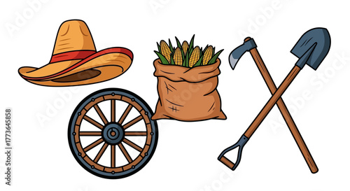 Collection farm tools and harvest items including sombrero, wagon wheel, sack corn, hoe, and shovel