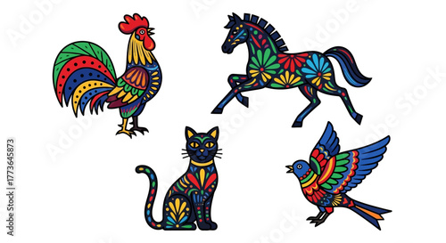 Collection colorful, patterned animals including rooster, horse, cat, and bird