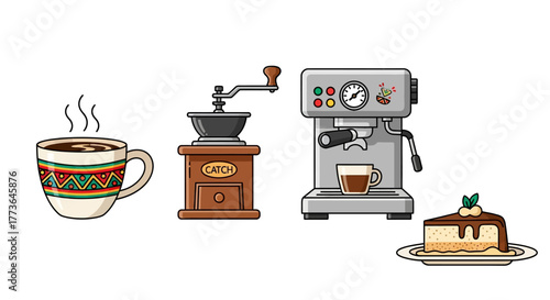 Collection coffeerelated items steaming mug, manual coffee grinder, an espresso machine, and slice cheesecake, isolated on