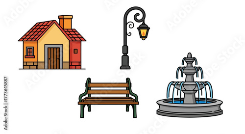 Charming featuring quaint house, classic lamppost, park bench, and decorative fountain, all set against clean, perfect for urban design and public space concepts