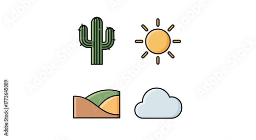 Set four flat design icons representing desert elements cactus, the sun, rolling hills, and cloud, all isolated on