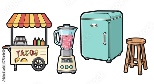 Set cartoon elements related to food preparation and serving, featuring taco stand, blender, retro refrigerator, and wooden stool