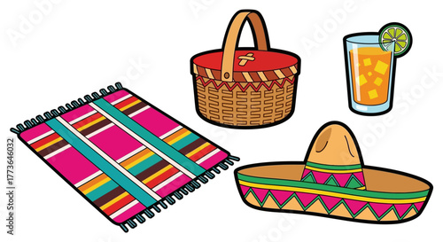 Vibrant set picnic items including colorful striped blanket, woven picnic basket, festive sombrero, and refreshing glass orange juice with ice and lime slice