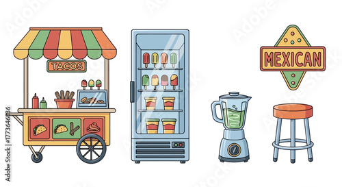 Assortment mexican food stall items including cart, freezer with ice cream, blender, and stool
