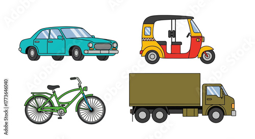 Collection diverse vehicles including car, auto rickshaw, bicycle, and truck