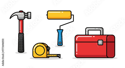 Collection construction and repair tools including hammer, tape measure, paint roller, and toolbox