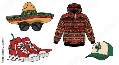 Collection mexican cultural and fashion items including sombrero, sunglasses, hoodie, sneakers, and baseball cap