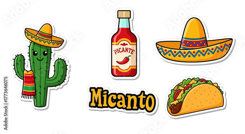 Cute cartoon cactus wearing sombrero and scarf, bottle hot sauce, sombrero, and taco