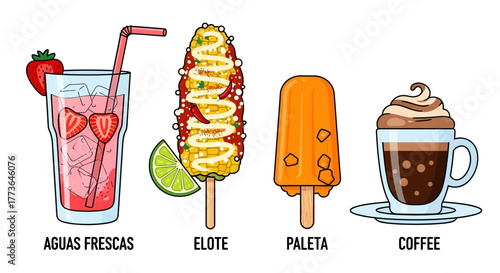 Assortment refreshing mexican drinks and treats including aguas frescas, elote, paleta, and coffee