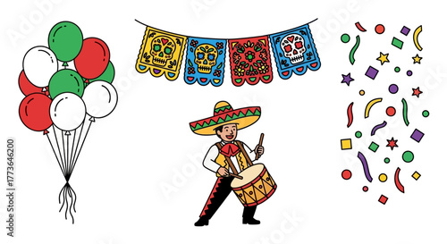 Mexican fiesta scene with balloons, papel picado banners, mariachi drummer, and confetti