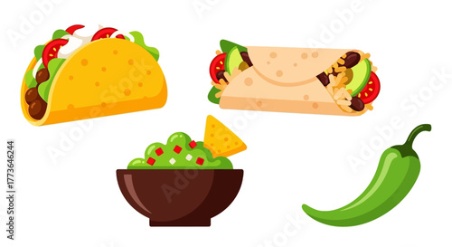 Delicious mexican food items including taco, burrito, bowl guacamole with chip, and green chili pepper