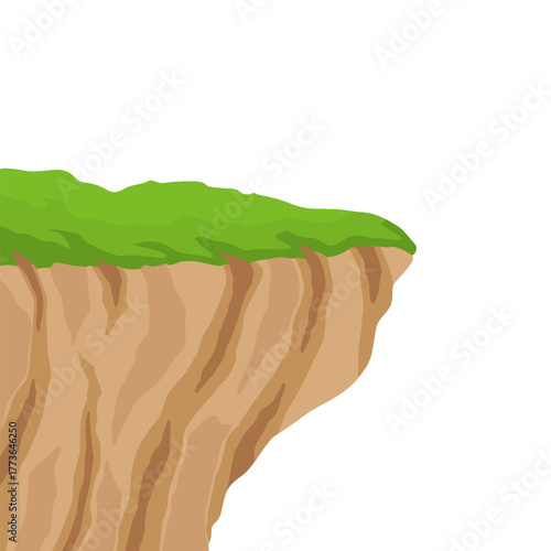 Cartoon cliff edge landscape with green grass top. Hand drawn cliffside cartoon. Cliff edge cliff illustration