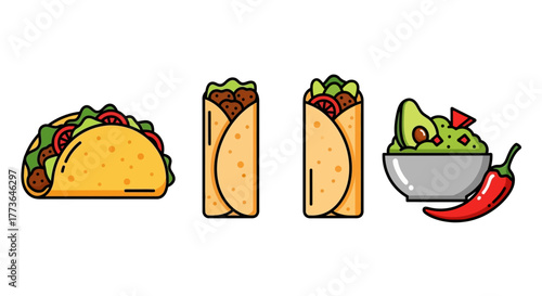 Colorful flat mexican food including taco, two burritos, and guacamole with chili pepper