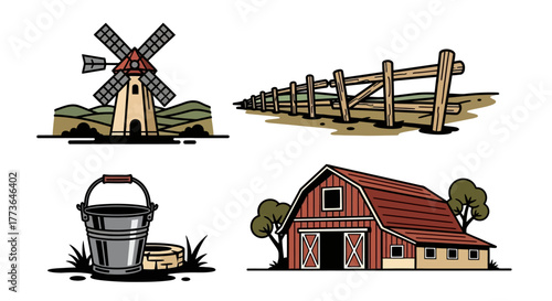 Collection farm elements including windmill, wooden fence, metal bucket, and barn