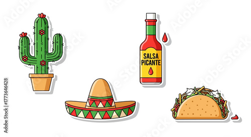 Set mexican cultural icons potted cactus, traditional sombrero hat, bottle spicy salsa picante, and delicious taco