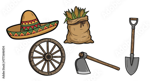 Set rustic farm and harvest elements, including sombrero, sack corn, wagon wheel, hoe, and shovel