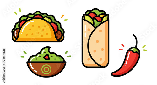 Assortment popular mexican food items including taco, burrito, guacamole, and red chili pepper