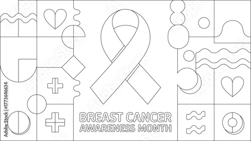 Breast Cancer Awareness Month Coloring Page with Ribbon, Geometric Shapes, and Plus Signs Design