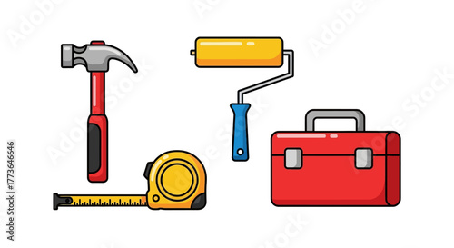Set construction and repair tools including hammer, measuring tape, paint roller, and toolbox, isolated on, representing diy and home improvement
