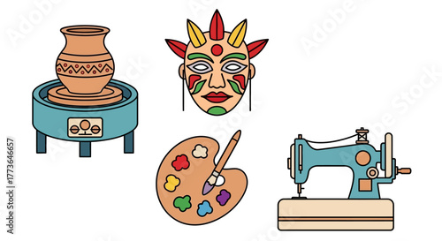 Compilation artistic and craftrelated items including pottery wheel with vase, vibrant tribal mask, painters palette with brush, and vintage sewing machine, all isolated on