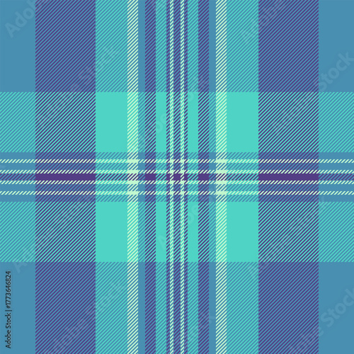 Scottish check vector textile, domestic pattern tartan fabric. Installing plaid texture seamless background in cyan and indigo colors.