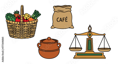 Wicker basket full fresh vegetables, bag labeled caf, clay pot, and balance scale