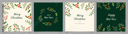 Christmas new year greeting cards. Set of posters with leaves, branches and berries.