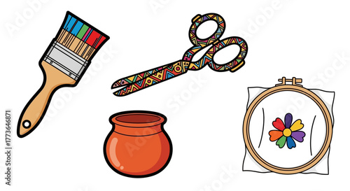 Creative set and craft supplies including paintbrush with colorful bristles, decorative scissors, clay pot, and an embroidery hoop with floral design, isolated on