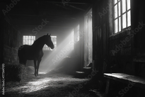 Stallion standing in a stable with soft light streaming through the windows