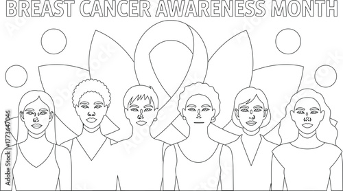 Breast Cancer Awareness Month Coloring Page Diverse Women Pink Ribbon Illustration for Support
