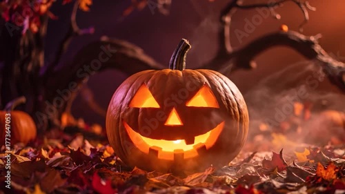 A lit jack-o'-lantern with a carved face sits among fallen leaves and fog