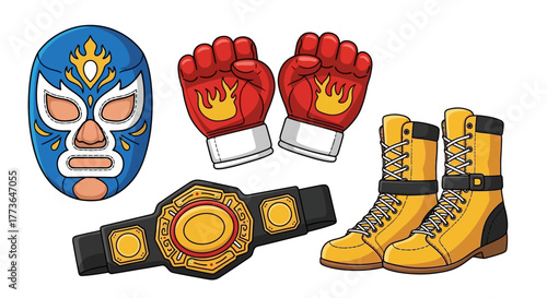 Luchador mask, boxing gloves, championship belt, and wrestling boots on