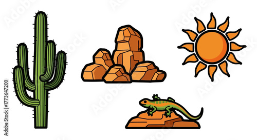 Desert landscape scene featuring tall saguaro cactus, rock formation, bright sun, and lizard basking on rock, all isolated on, representing arid environments and wildlife