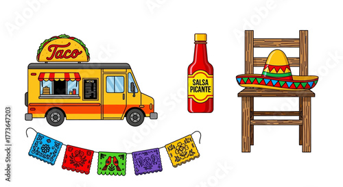 Mexican Food Truck Fiesta: A vibrant cartoon illustration of a Mexican food truck scene with iconic elements. The scene brings joy. 