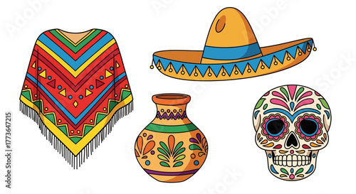 Collection traditional mexican cultural symbols, including colorful poncho, sombrero, decorative vase, and sugar skull calavera, all isolated on, evoking heritage and celebration