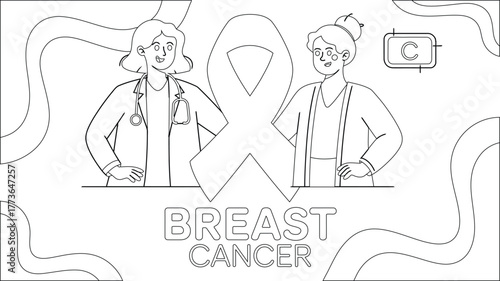 Breast Cancer Awareness Line Art Featuring Doctor, Survivor, Ribbon, and The Letter C Symbol