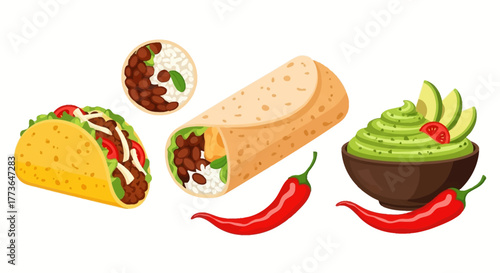 Vibrant showcasing variety mexican food items, including taco, burrito, bowl guacamole with avocado slices and chili peppers, and separate rice and bean dish, presented against clean