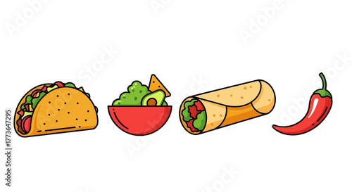 Collection popular mexican dishes presented in flat design style, including taco, bowl guacamole with tortilla chip, burrito, and chili pepper, all isolated on for versatile use