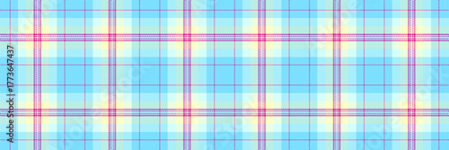 Advertisement plaid pattern fabric, present texture check tartan. Summertime vector textile background seamless in cyan and light colors.
