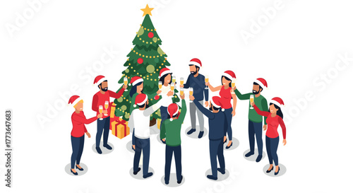 Festive celebration with friends in isometric style around christmas tree