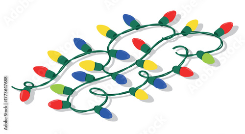 Festive holiday string lights with colorful bulbs on white background