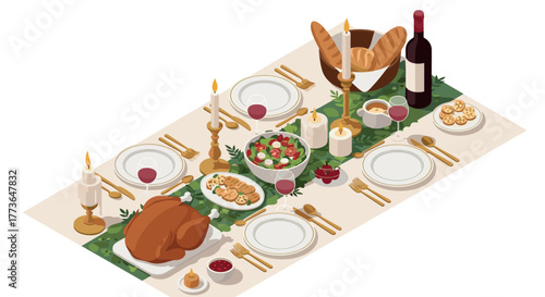 Festive dinner table with turkey, wine, and candles in isometric style