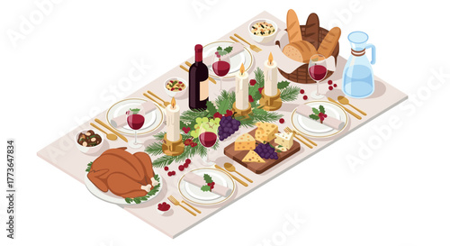 Festive holiday feast with candles and wine on a decorated dining table