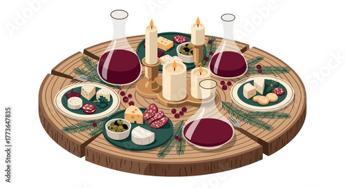 Rustic party platter with cheese, candles, and wine on wooden tray