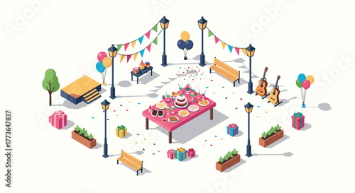 Isometric outdoor birthday party scene with decorations and treats