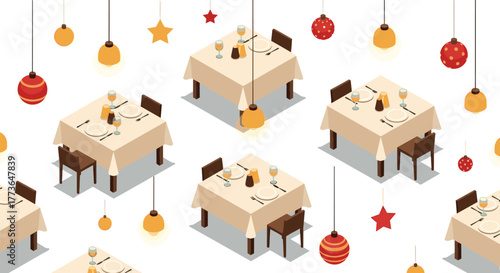 Isometric dining tables with festive ornaments seamless pattern