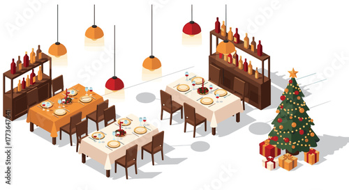Isometric festive dining room with christmas tree and decorated tables